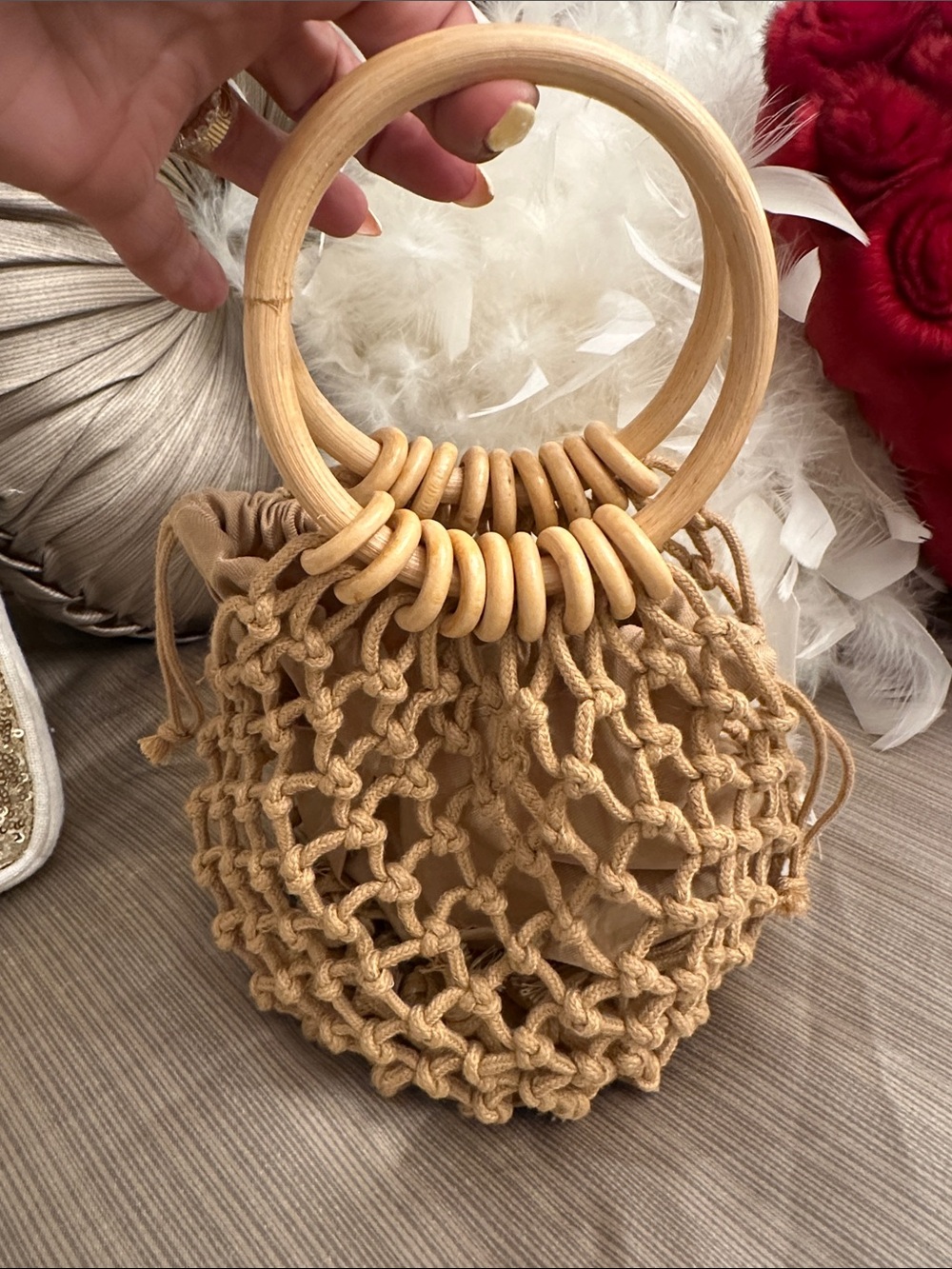 Beige Macrame Crochet Handbag with Wooden Ring Handles